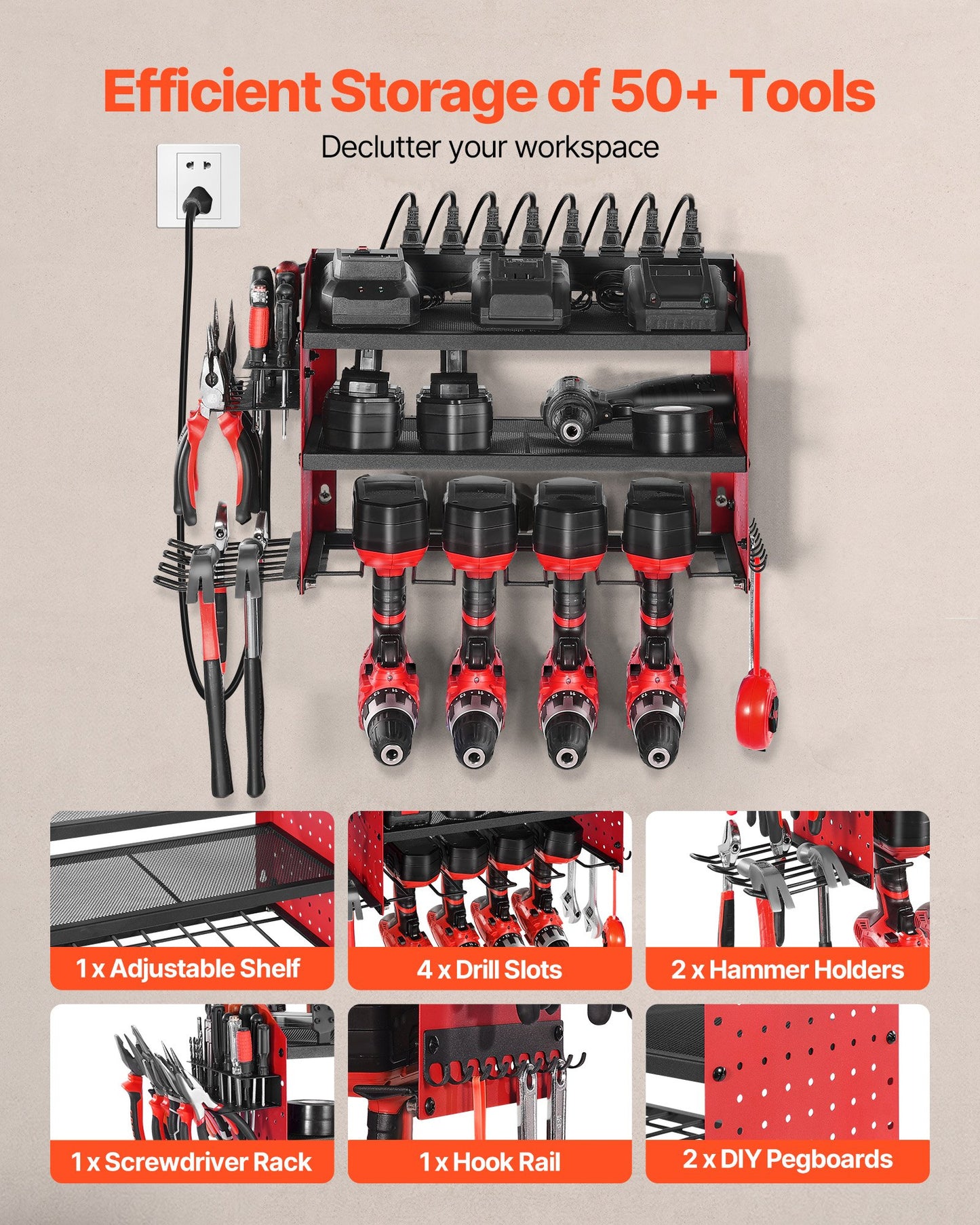 Power Tool Organizer With Charging Station, 3-Layer Drill Storage Rack With 4 Drill Holders & Side Pegboard, Garage Tool Organizer Built In 8 Outlet Power Strips For Garage, Workbench, Workshop
