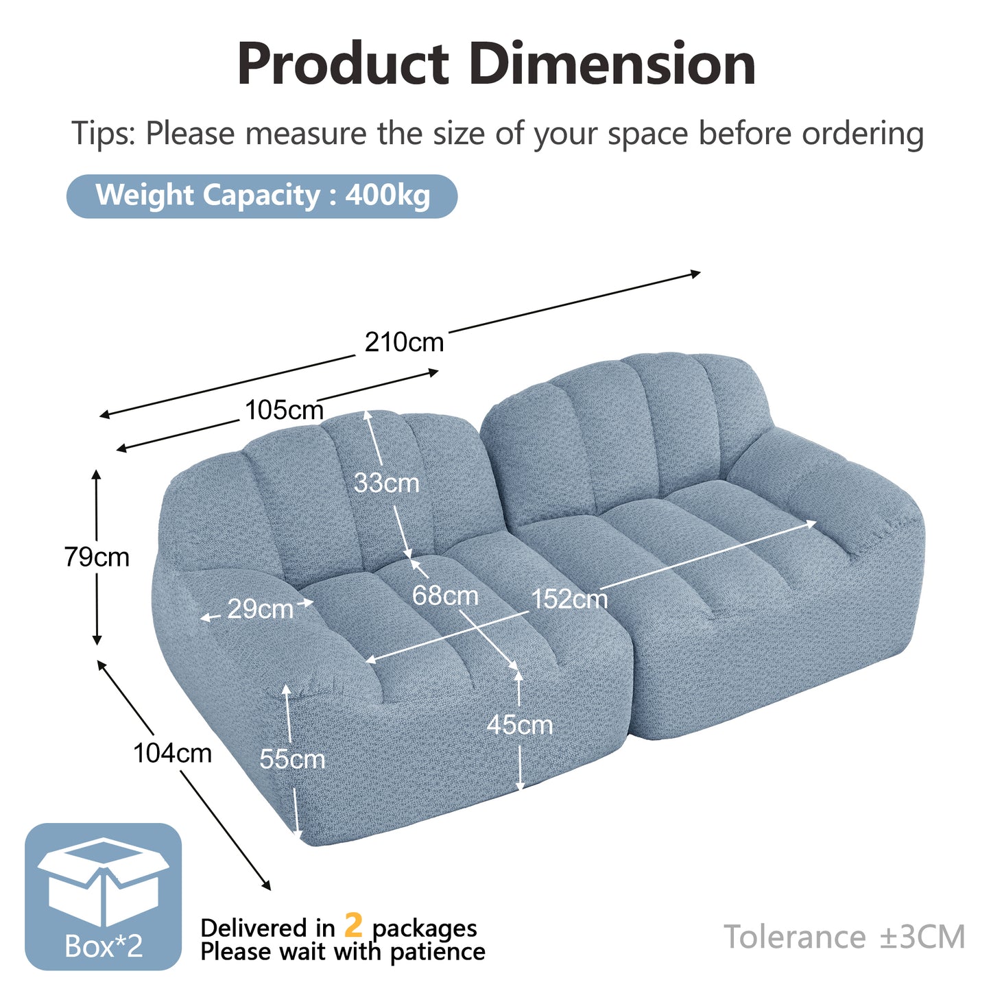 2 Seater Modular Boneless Sofa, Shell Shape, Deep Seat Cushions, Sofa For Living Room & Apartment, No Setup Required, Blue