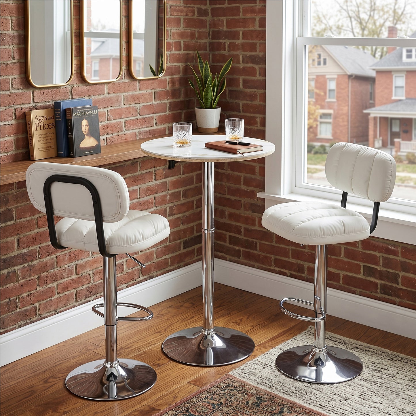 Set Of 2 Adjustable Height Bar Stools, White PU Leather Upholstered With Chrome Base & Footrest, Modern Comfort Stools For Kitchen Island, Home Bar, Living Room
