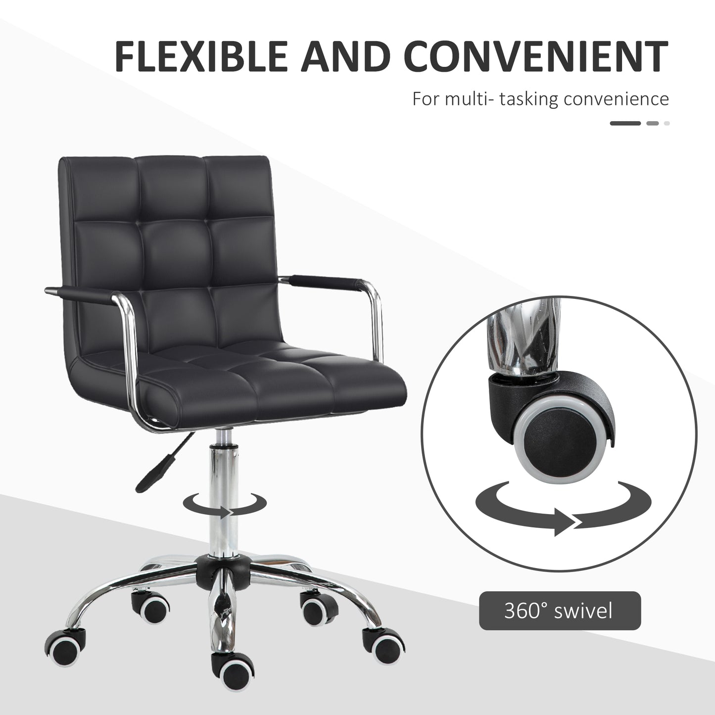 Vinsetto Makeup Vanity Chair, PU Leather Mid Back Office Chair With Adjustable Height, Armrest And Rolling Wheels, Black