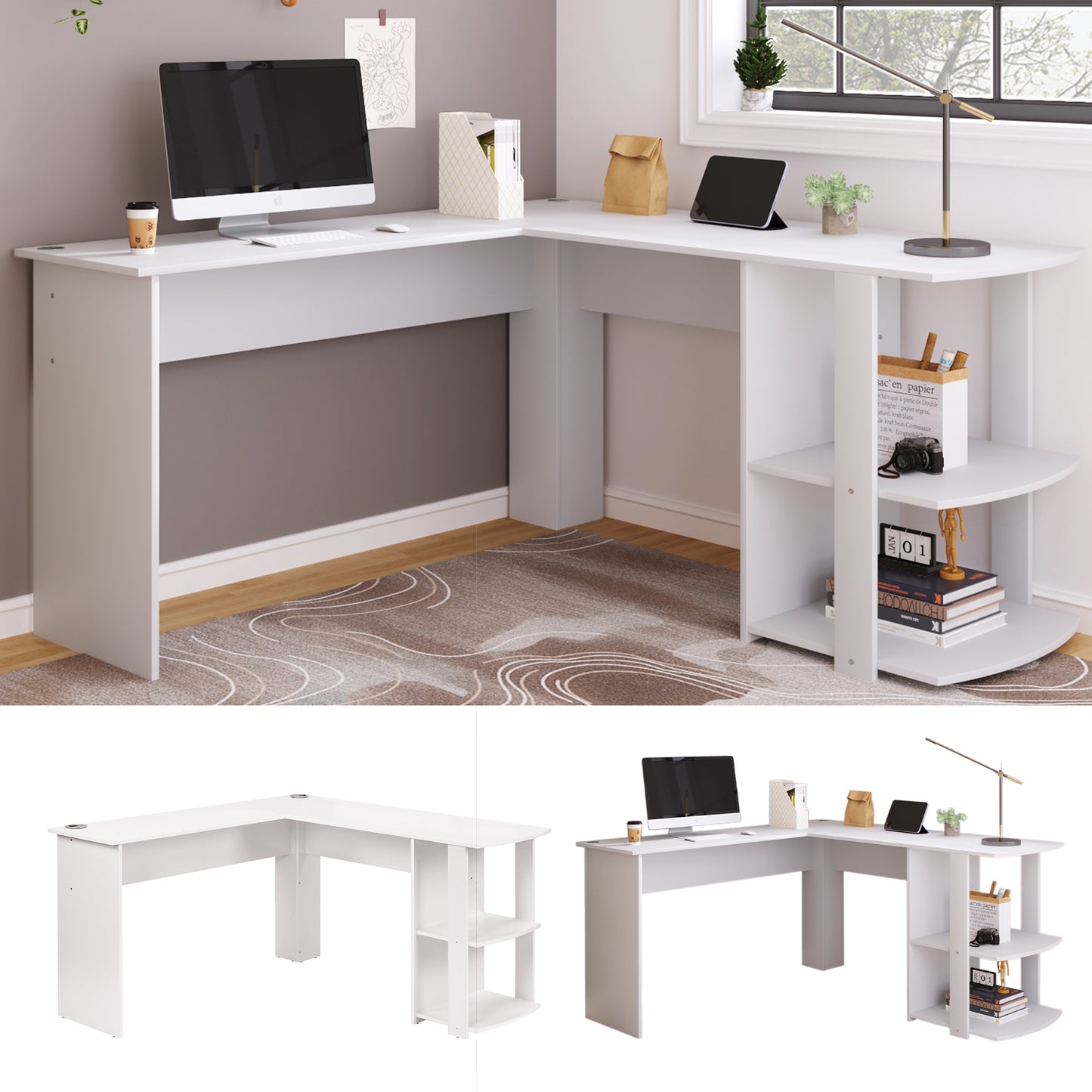 WF314182AAA Corner Desk 140 CM Computer Desk Desk, L-shaped Corner Desk With 2 Shelves, H75 W140 L140 CM White