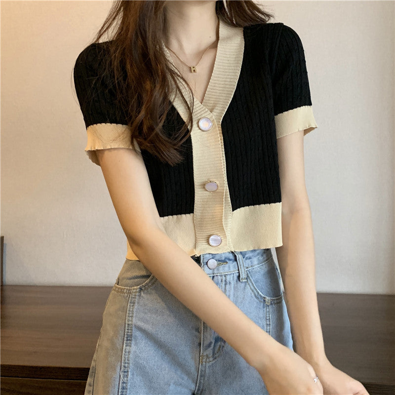Retro V-neck Short-sleeve Knit Women's Summer Korean Loose Crop Top