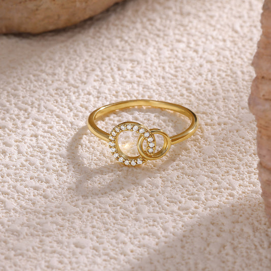 Korean-style Simple Graceful Geometric Diamond-embedded Round Double-ring Buckle Ring