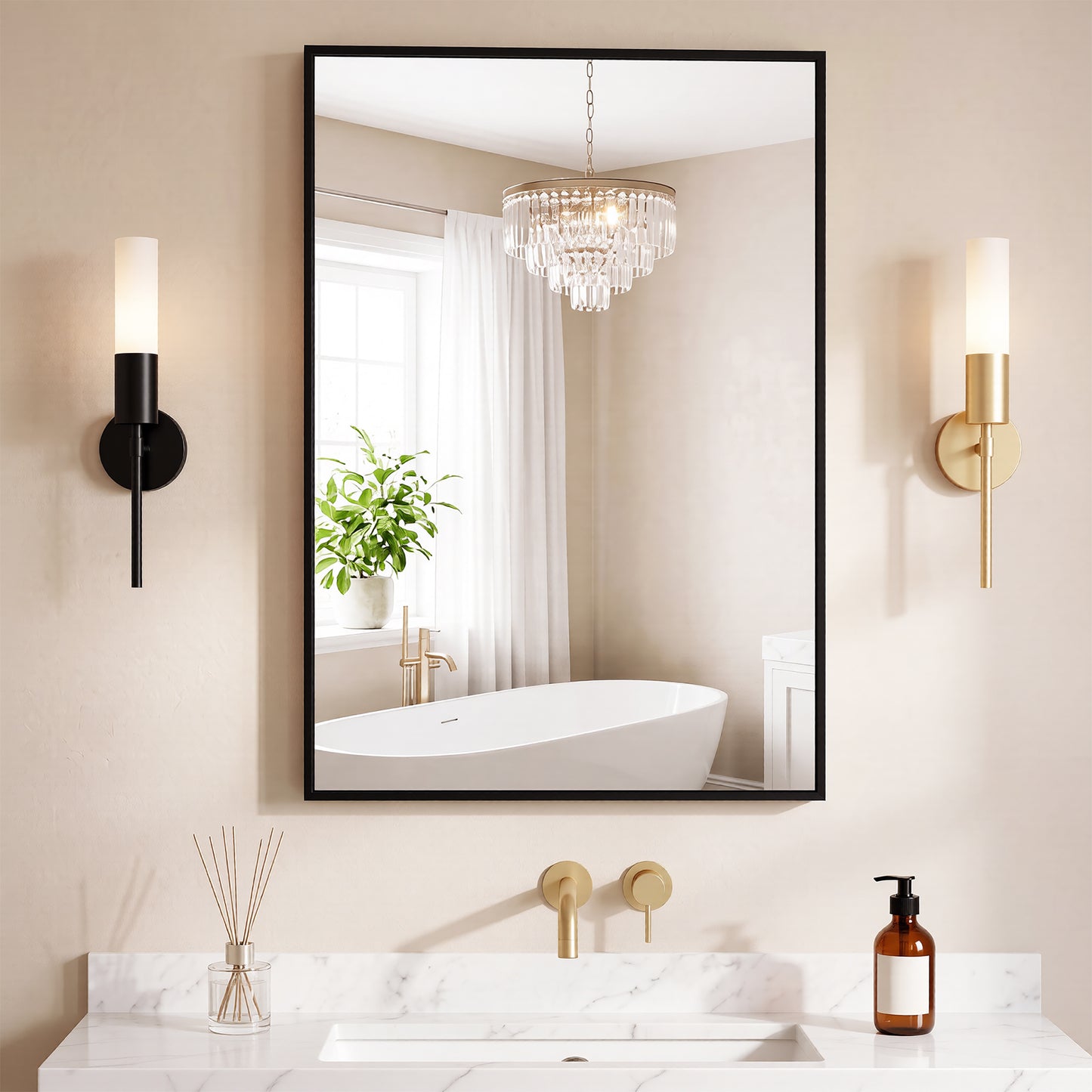 Bathroom Mirror, With Brushed Aluminum Frame, Rectangular Design, Square Corners At All Four Sides, Suitable For Wall Decoration In Home.