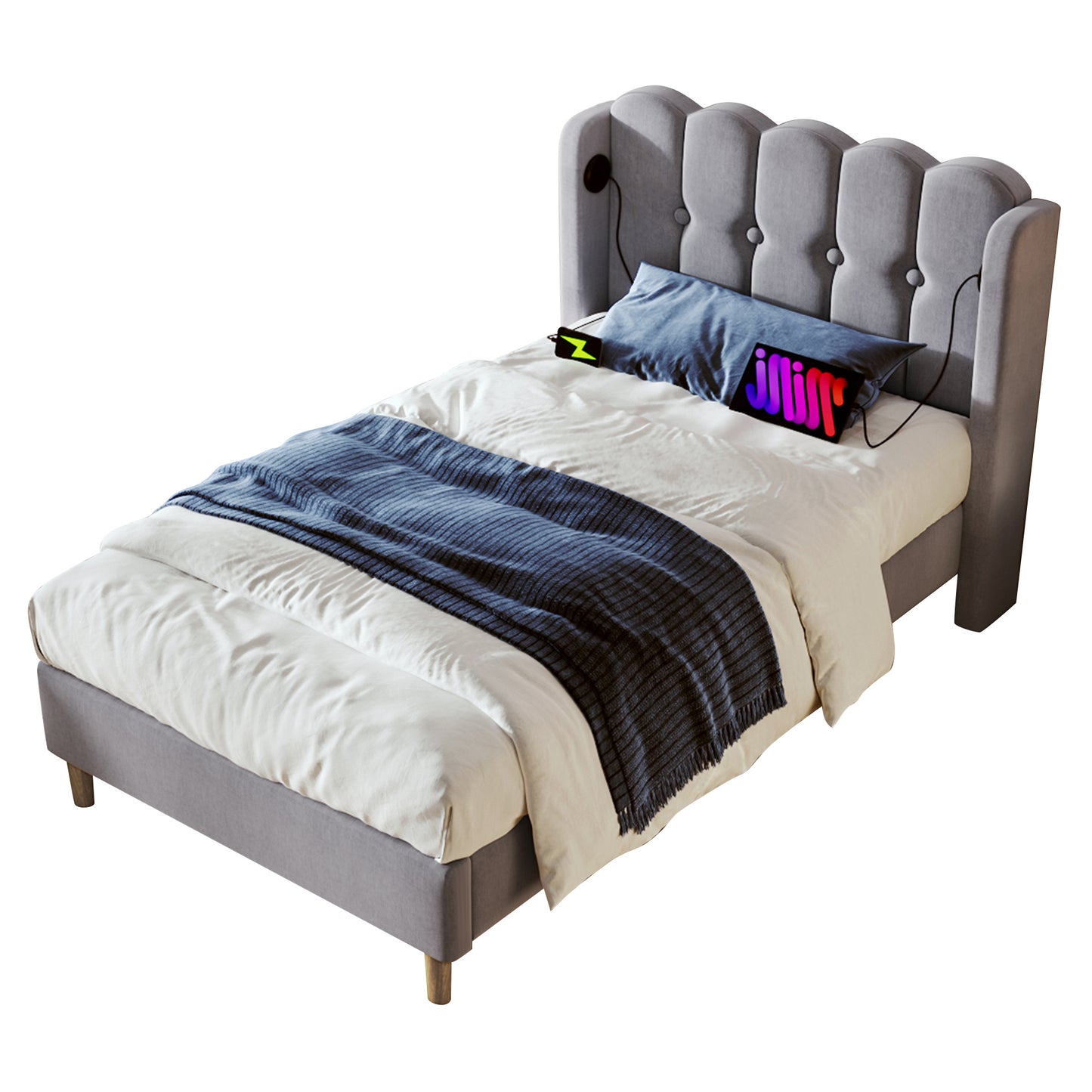 Upholstered Single Bed With USB And Type-C Charging, Bed Frame With Wooden Slatted Frame, Teenager Bed For Bedroom & Guest Room, 3ft 90 X 190 Cm Bed Frame, Grey, Linen Material