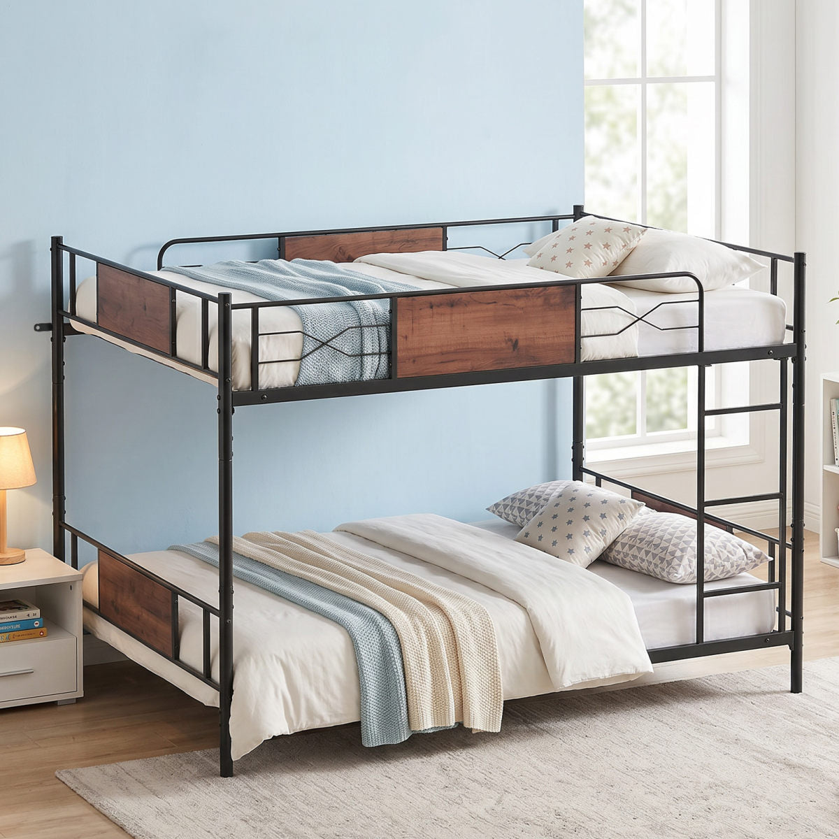 Full Over Full Bunk Bed Detachable Metal Bunk Bed Frame With Higher Guardrail Ladder Under Bed Storage No Box Spring Needed For Dormitory Kids' Room
