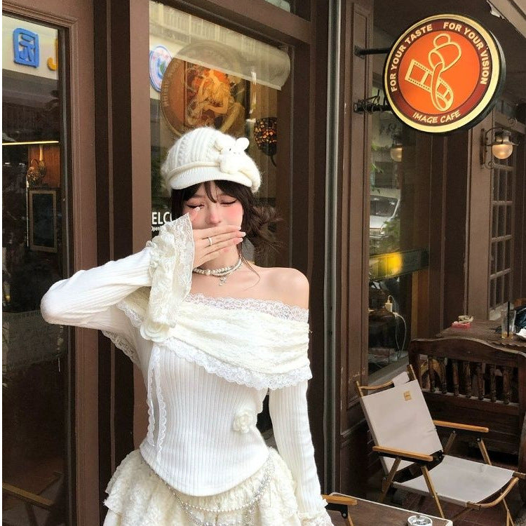 Korean-style Lace Floral Sweet And Spicy Long-sleeved Base Shirt
