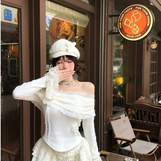 Korean-style Lace Floral Sweet And Spicy Long-sleeved Base Shirt
