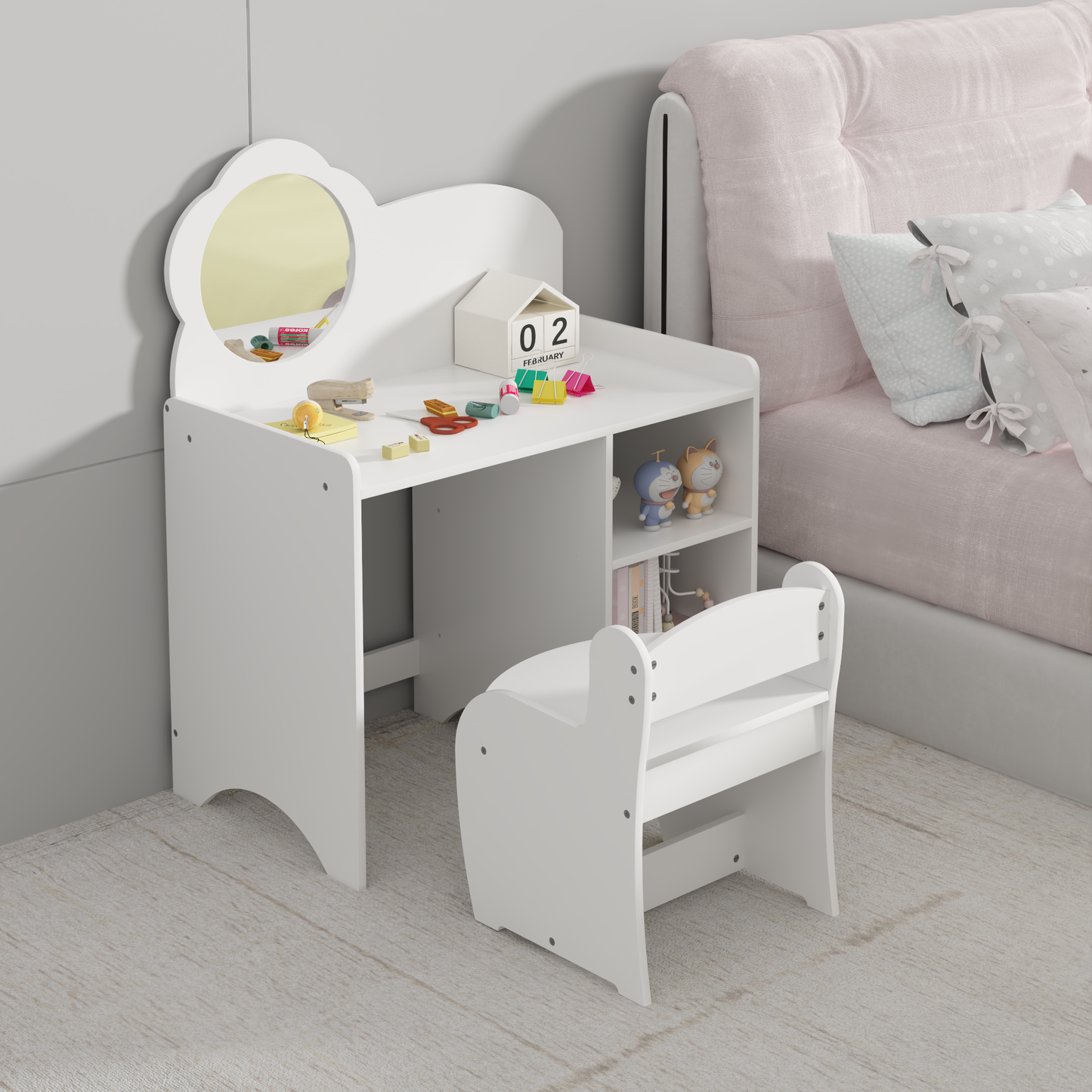 Kids Vanity Table With Mirror And Chair, Wooden Children's Dressing Makeup Desk With Storage Shelves, Study And Activity Table For Girls And Boys, Playroom Bedroom Furniture - White