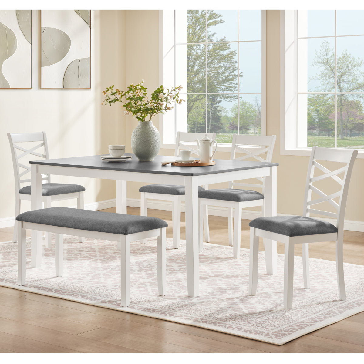 6-Piece Dining Table Set with Bench, Wood Dining Table Set for 6, Modern 6-Person Dining Table Set for Dining room, Kitchen, Grey & White two tone
