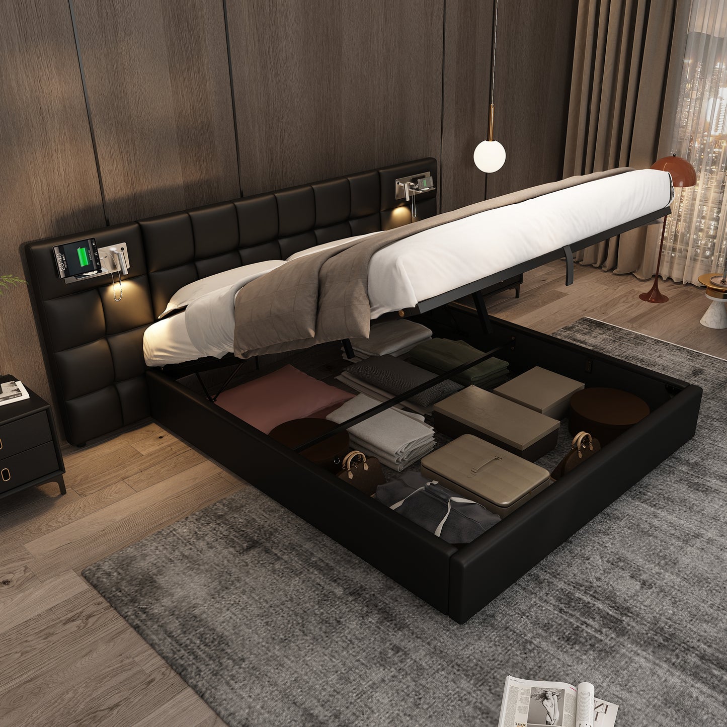 Upholstered Bed 180 X 200 Cm, Hydraulic Bed, With USB Port & Wireless Charging & Illuminated Lamp, With Storage Space, For Adults & Teenagers, Wooden Slatted Support, Easy Assembly, PU, Black
