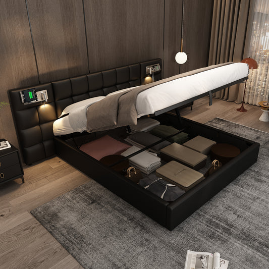 Upholstered Bed 180 X 200 Cm, Hydraulic Bed, With USB Port & Wireless Charging & Illuminated Lamp, With Storage Space, For Adults & Teenagers, Wooden Slatted Support, Easy Assembly, PU, Black
