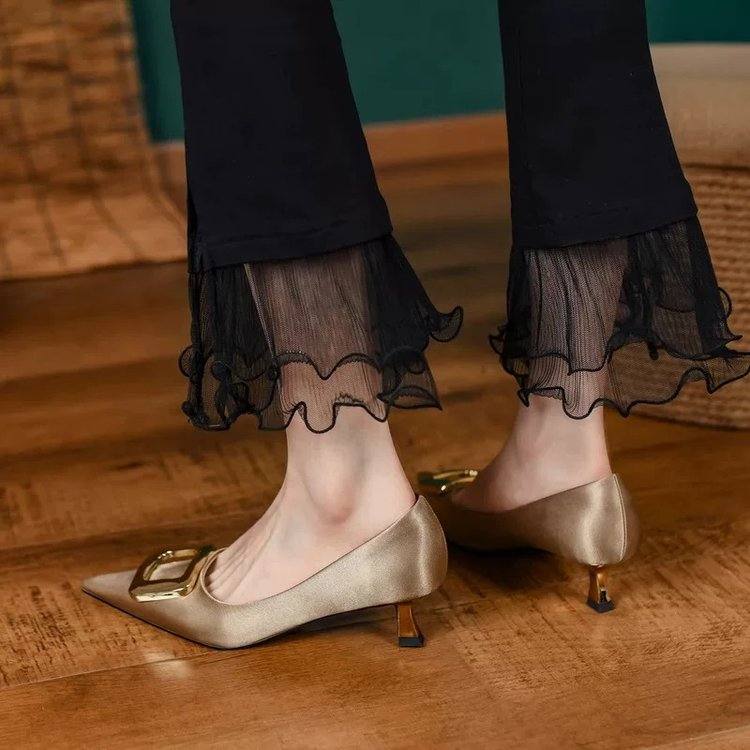 Women Soft Leather High Heels, New French Style Elegant Pointed Toe Pumps With Square Buckle