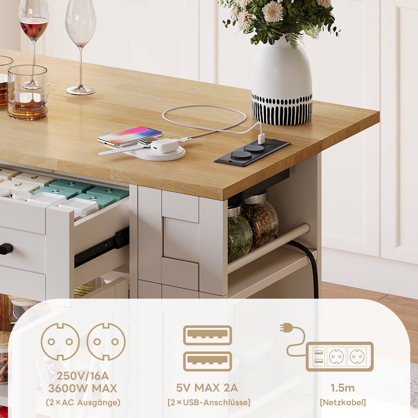 120cm Portable Kitchen Island With Folding Dining Table, Open Shelf, AC Port, USB Port, Glass Door, Adjustable Laminate, Casters With Brakes For Kitchen, Dining Room, Living Room And More.