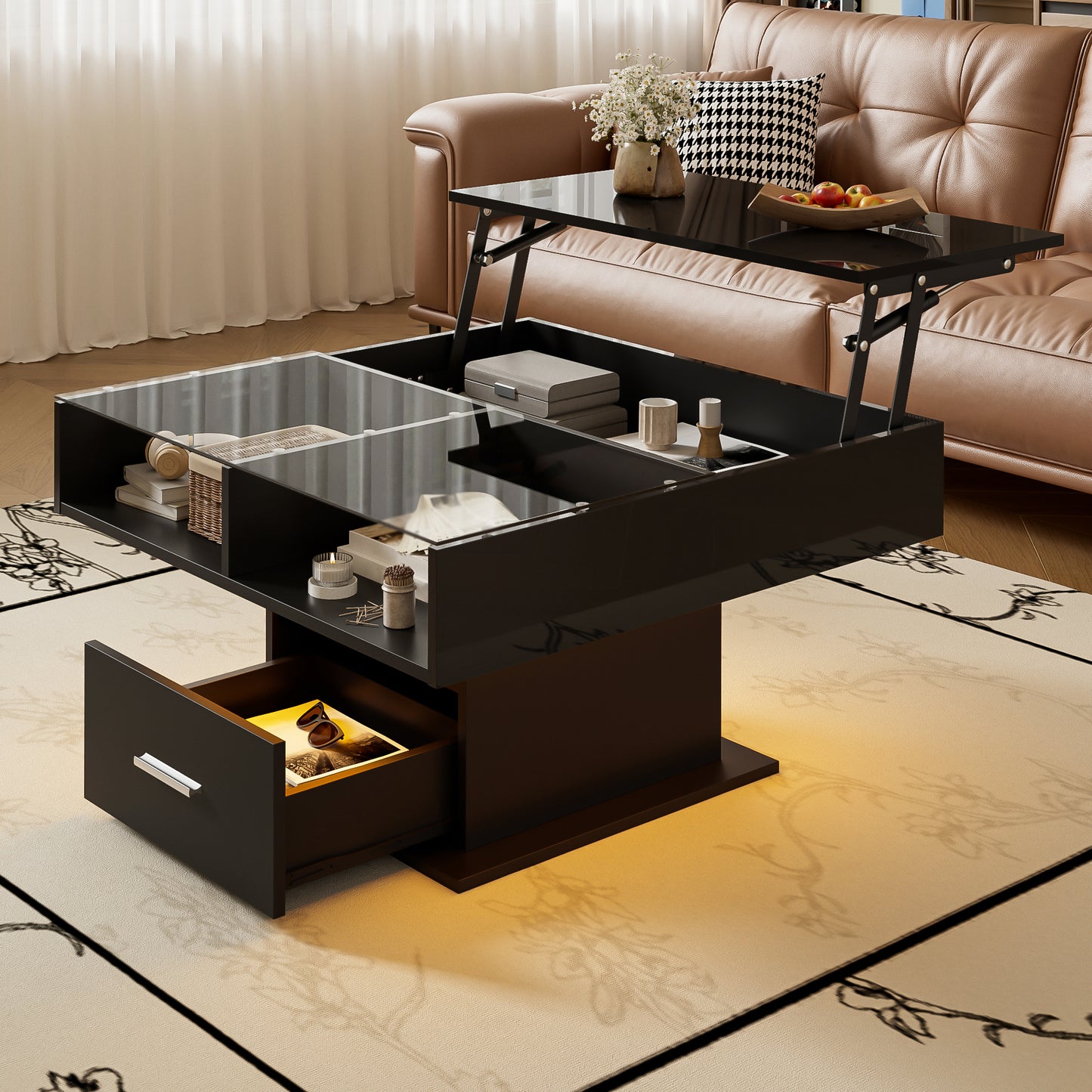Multifunctional High-gloss Lift Coffee Table With LED Lighting, Adjustable Height & Flexible Storage Space  Modern Design For Living Room, Office & Small Apartments