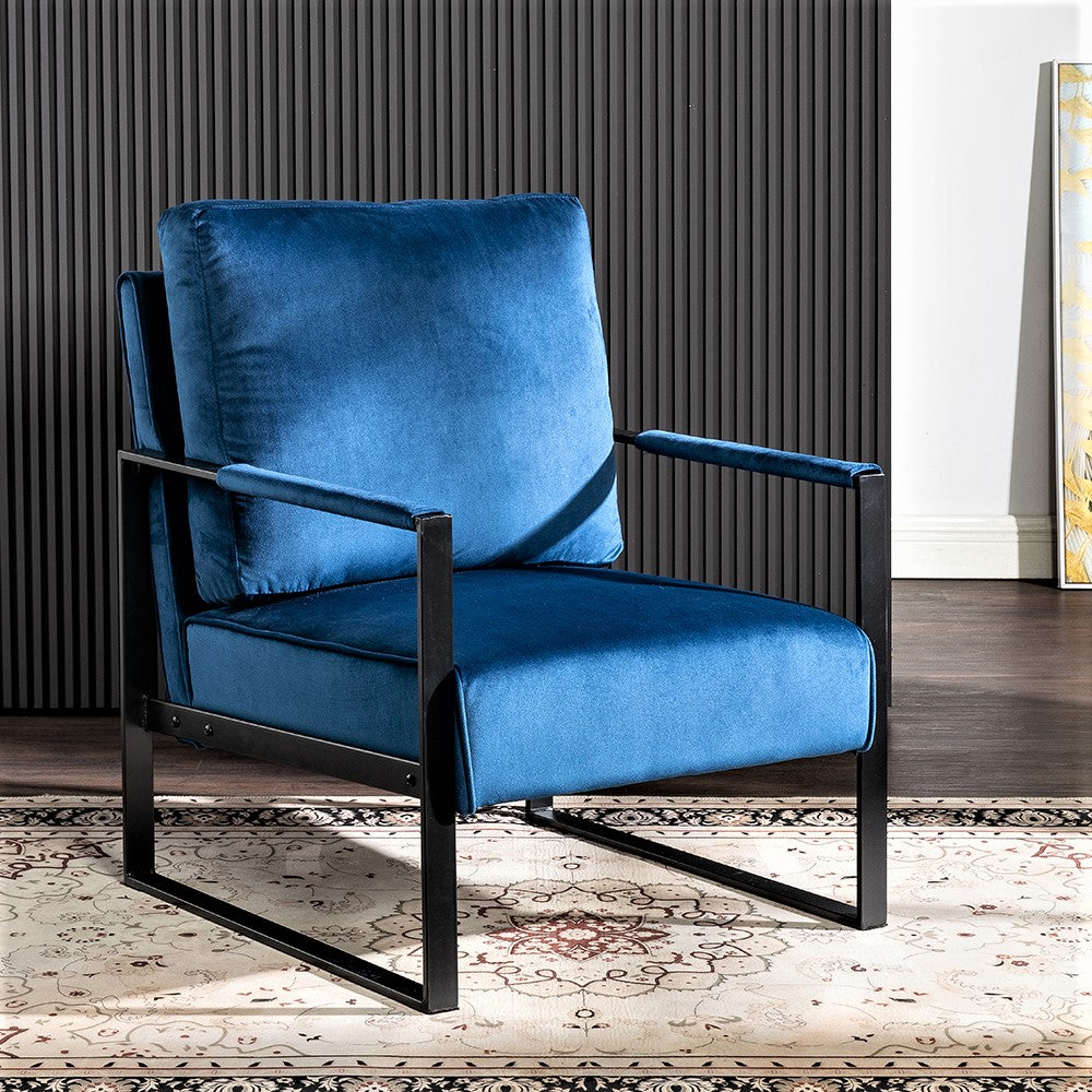 Classic Mid Century Modern Accent Chair With Durable Square Metal Frame, Armchair For Living Room, Bedroom, Home Office In Plush Velvet Upholstery, Blue