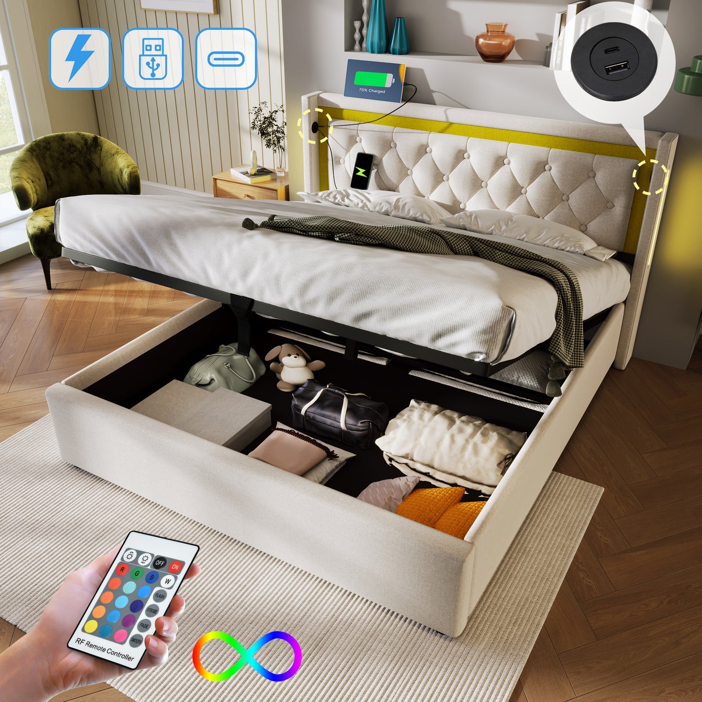 Upholstered Bed LED Double Bed Storage Bed Box With USB Type C Charging Function Headboard,Storage Beds Cotton Bed Frame Youth Bed 160x200 With Slatted Base  Without Mattress