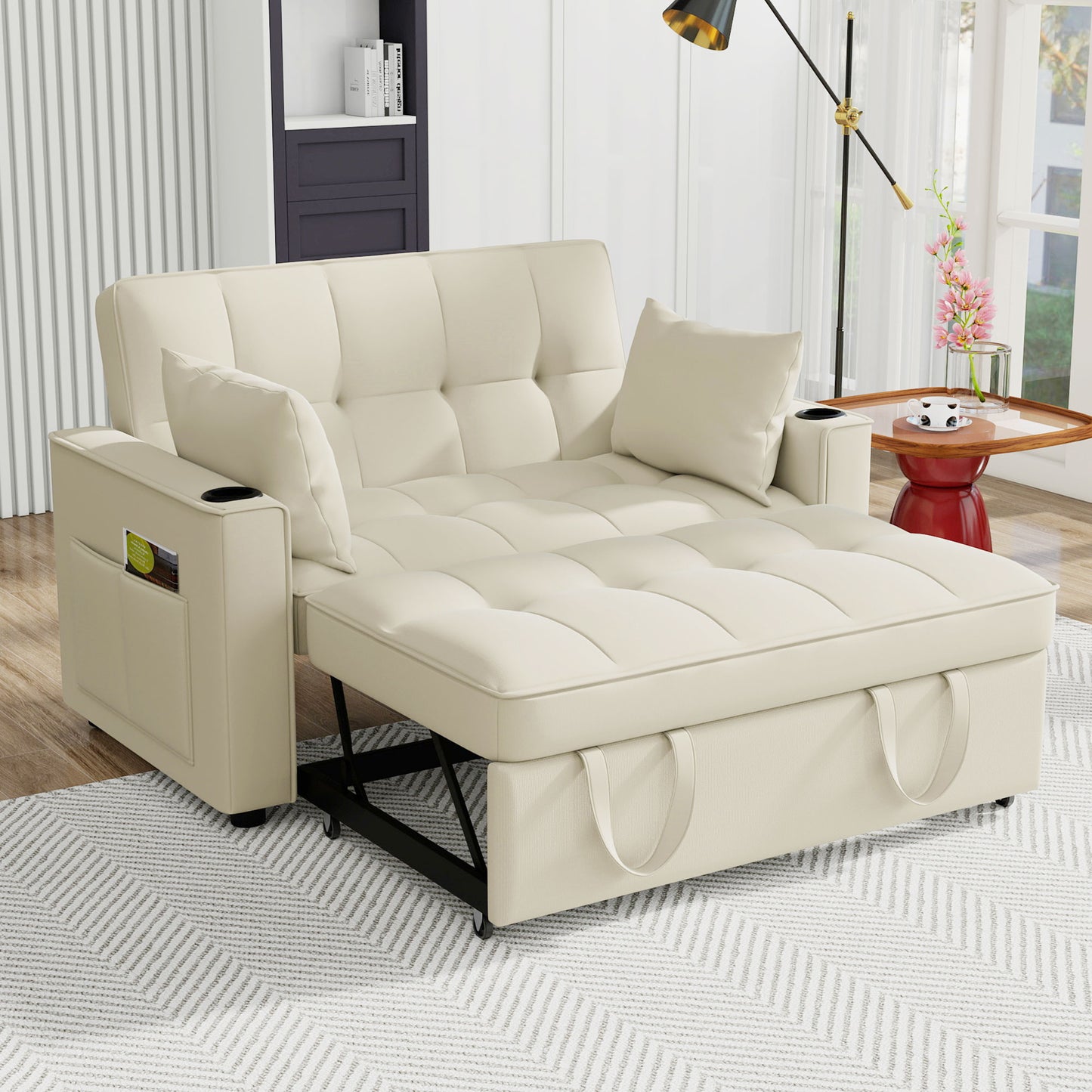 Folding Sofa Bed, Multifunction Sofa With Sleeping Function, Sofa Bed With Cup Holder And Pillows, Suitable For Living Room, Bedroom, Home Theater Apartment