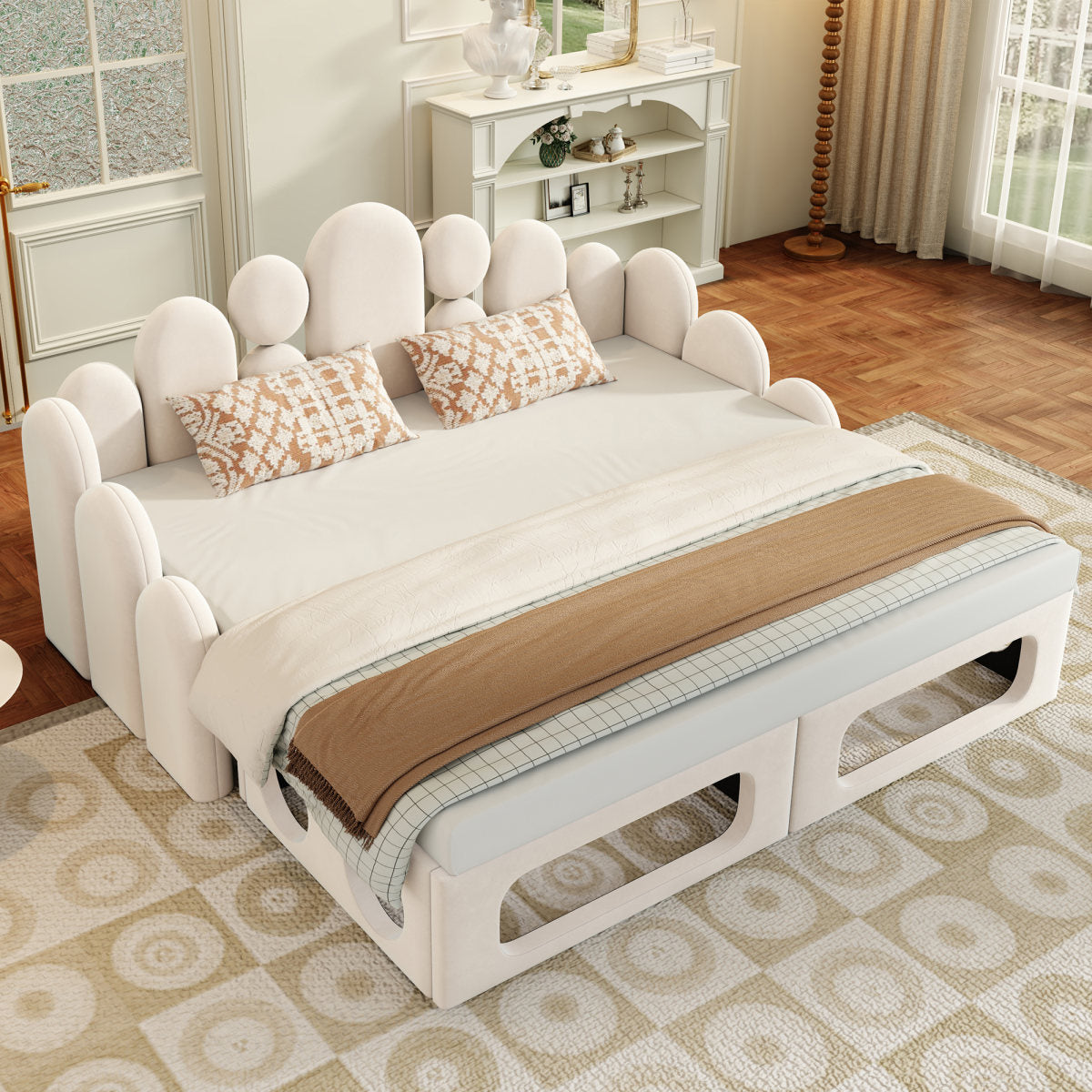 Upholstered Sofa Bed With Pet Bed, 2-in-1 Multifunctional Upholstered Bed 180x200cm, Upholstered Bed With Soft Velvet Fabric, Slatted Base And Backrest, Beige.