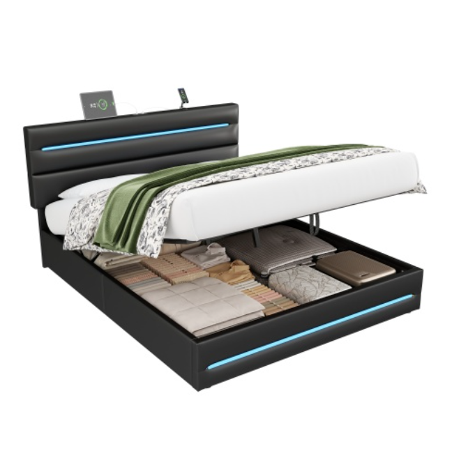 4ft6 Double Upholstered Bed Frame With Hydraulic Storage, PU Ottoman Bed With LED Lighting And Charging Station, LED Adjustable Headboard With USB And Type - C Ports, Black