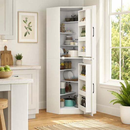 White Corner Kitchen Pantry Cabinet, 70.87" Tall Freestanding L-Shaped Storage Cabinet with 2 Doors and Shelves, Space-Saving Corner Cupboard with Door Organizers for Kitchen, Dining Room, Living Room