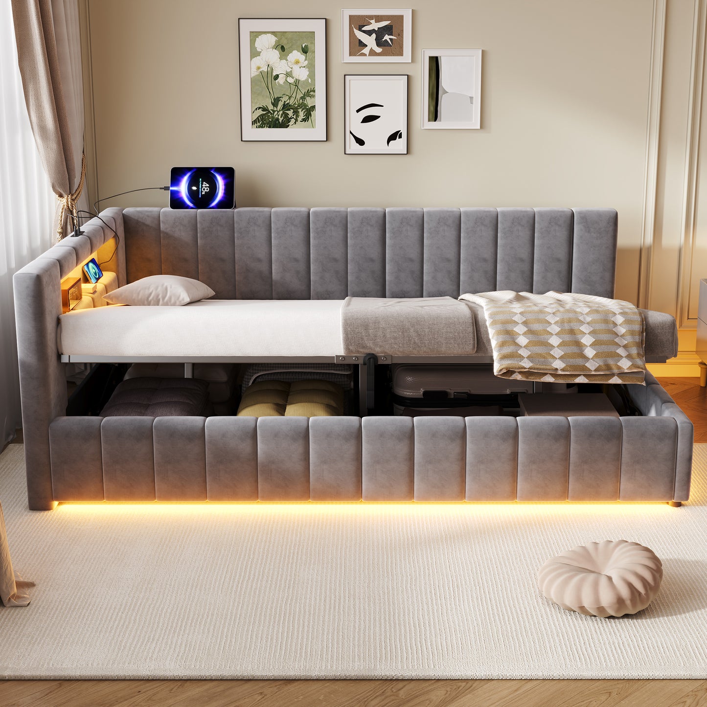 3ft Single Velvet Side Hydraulic Storage Bed With Smart RGB LED Lights & Charging Station, Side Opening Ottoman Bed Frame With Type-C & USB Ports, Channel Tufted, Grey  No Mattress