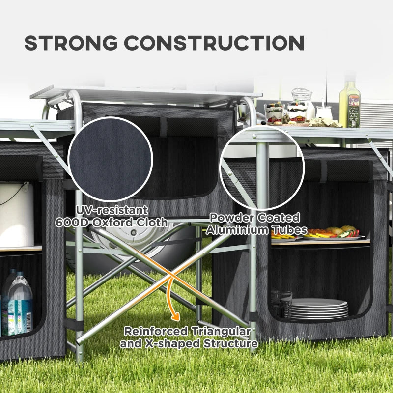 Aluminum Camping Kitchen, Portable Folding Camping Table With Fabric Cupboards, Windshield, Bag For BBQ, Picnic, Black