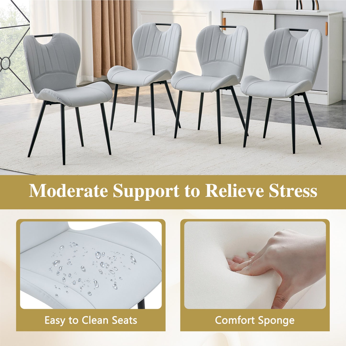 Set Of 4 Light Grey PU Dining Chairs With Integrated Handle. Black Metal Frame, Adjustable Leveling Feet. Home Dining Chairs With Extra-Wide Comfortable Cushion, Versatile For Multiple Scenarios.