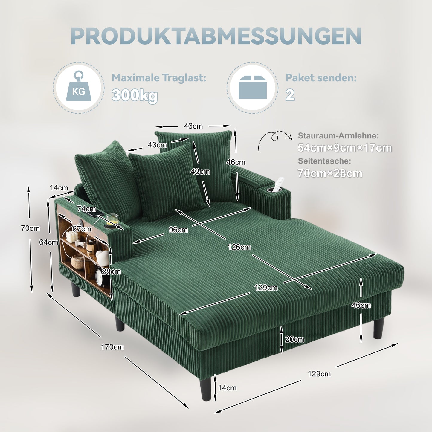 Multifunctional Corduroy Lounge With Chaise Longue With Large Lying Surface, Cup Holders On Both Sides, LED Lighting, Side Pocket, Storage Space, USB Charging Port, Sturdy Plastic Feet  Versatile.