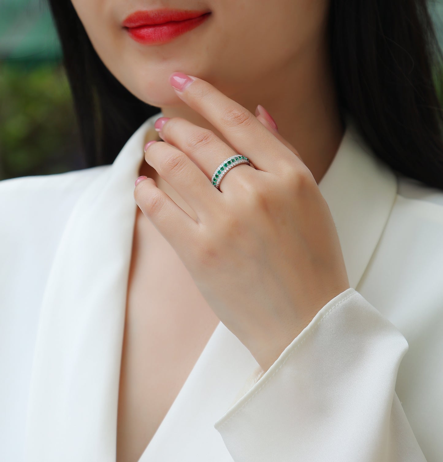 3.6g S925 Sterling Silver Platinum Plated Ring  3 Row Pave Band With Green Gemstones, Dainty Stackable Eternity Promise Ring For Women, Jewelry Gift Box Set