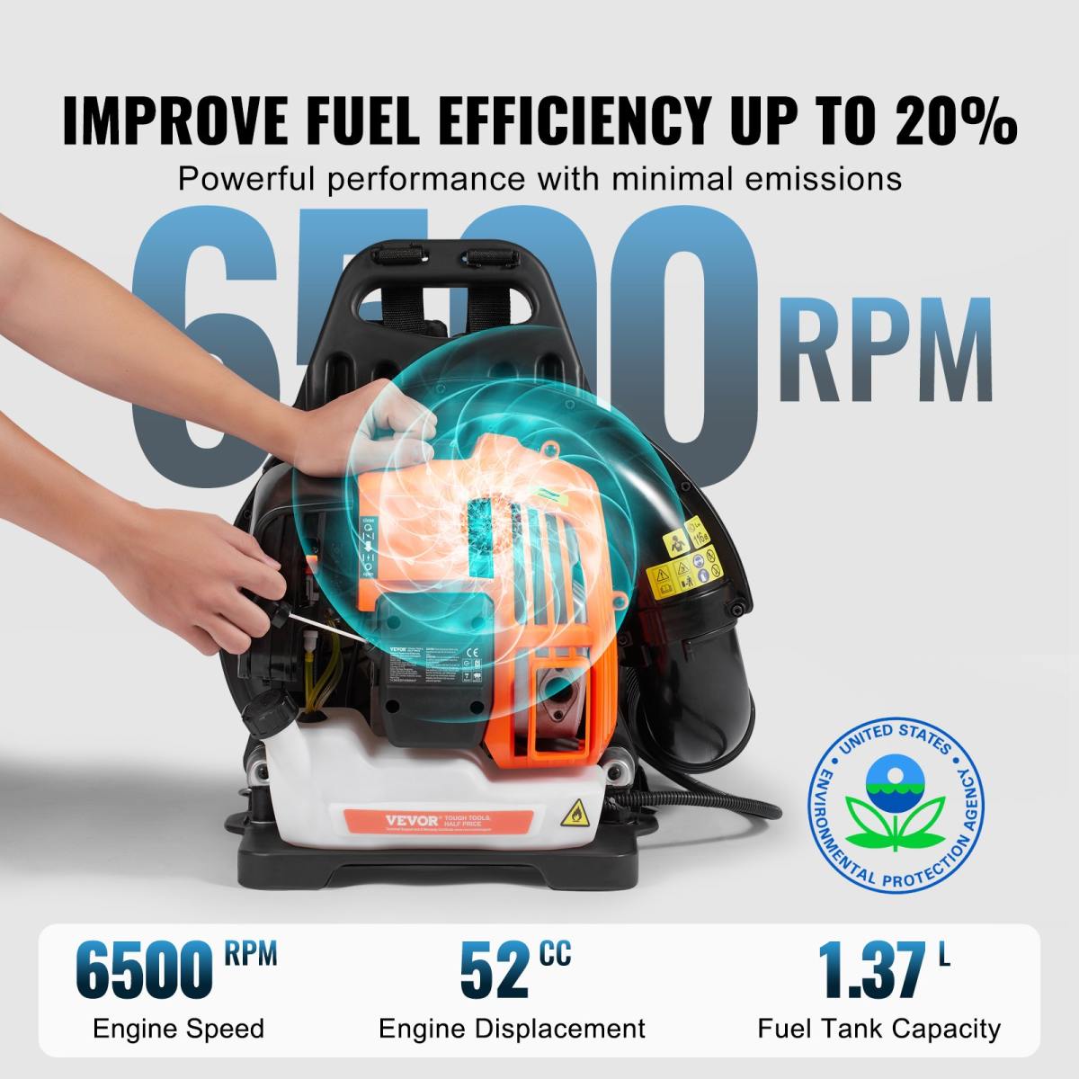 VEVOR Backpack Leaf Blower, 52CC 2-Cycle Leaf Blower With 1.37L Fuel Tank, 480CFM Air Volume 175MPH Speed, Ideal For Lawn Care, Leaf Cleaning, And Snow Removal