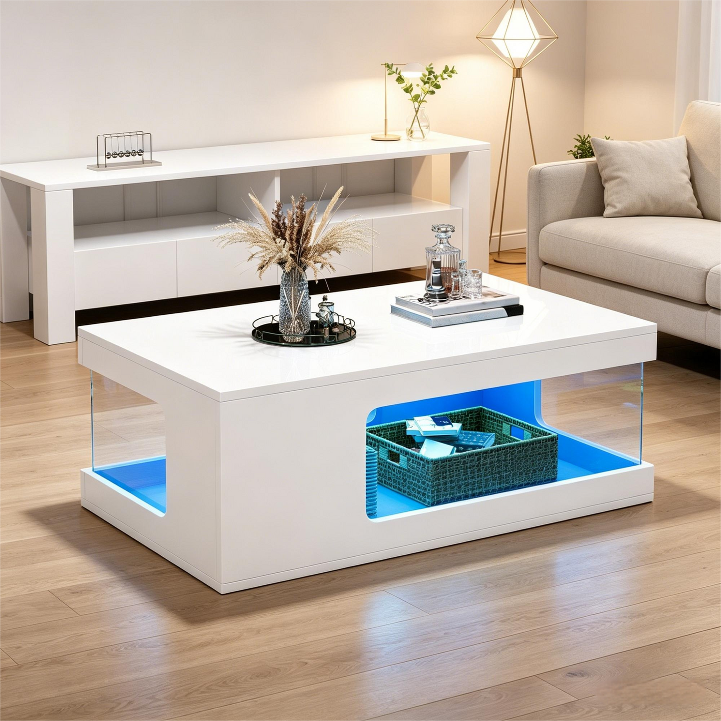 Living Room Coffee Table 50X100X35cm, Openwork Tea Table, Large High-gloss Coffee Table With Tempered Glass Shelves On Both Sides, Side Table With LED Light Strip, White, Chipboard.