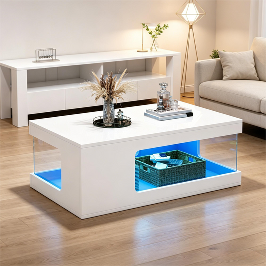Living Room Coffee Table 50X100X35cm, Openwork Tea Table, Large High-gloss Coffee Table With Tempered Glass Shelves On Both Sides, Side Table With LED Light Strip, White, Chipboard.