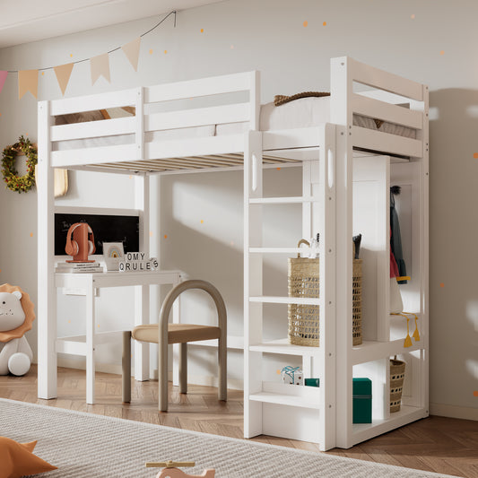AB30624901W Children's Bed Loft Bed With Desk Open Wardrobe And Shelves Children's Bed With Slatted Frame And Fall Protection Single Bed Lying Surface 90x200cm, White Without Mattress