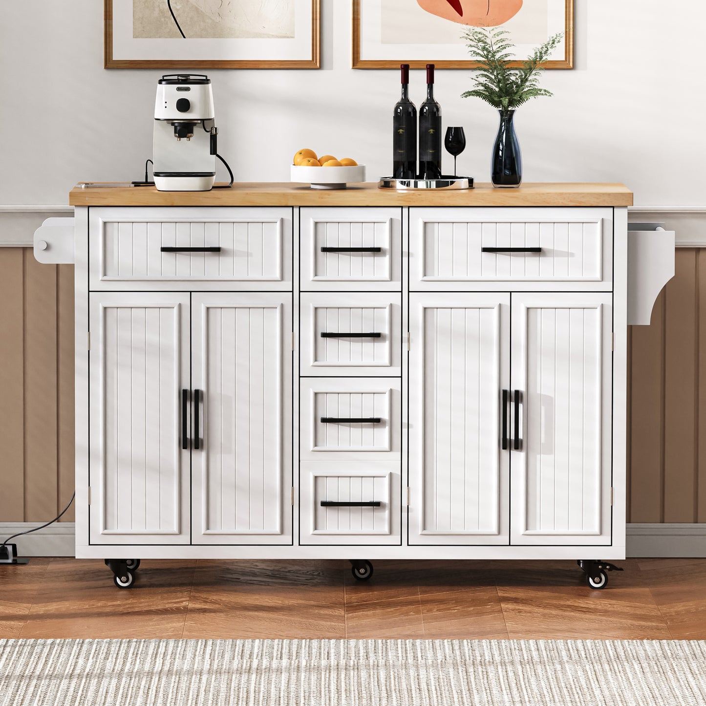 K&K 56.5  Kitchen Island With Drop Leaf, Power Outlet, Embossed Vertical Stripe Rolling Kitchen Cart On Wheels With 4 Doors , 5 Deep Drawers And Adjustable Shelves, For Kitchen, Dining Room, White