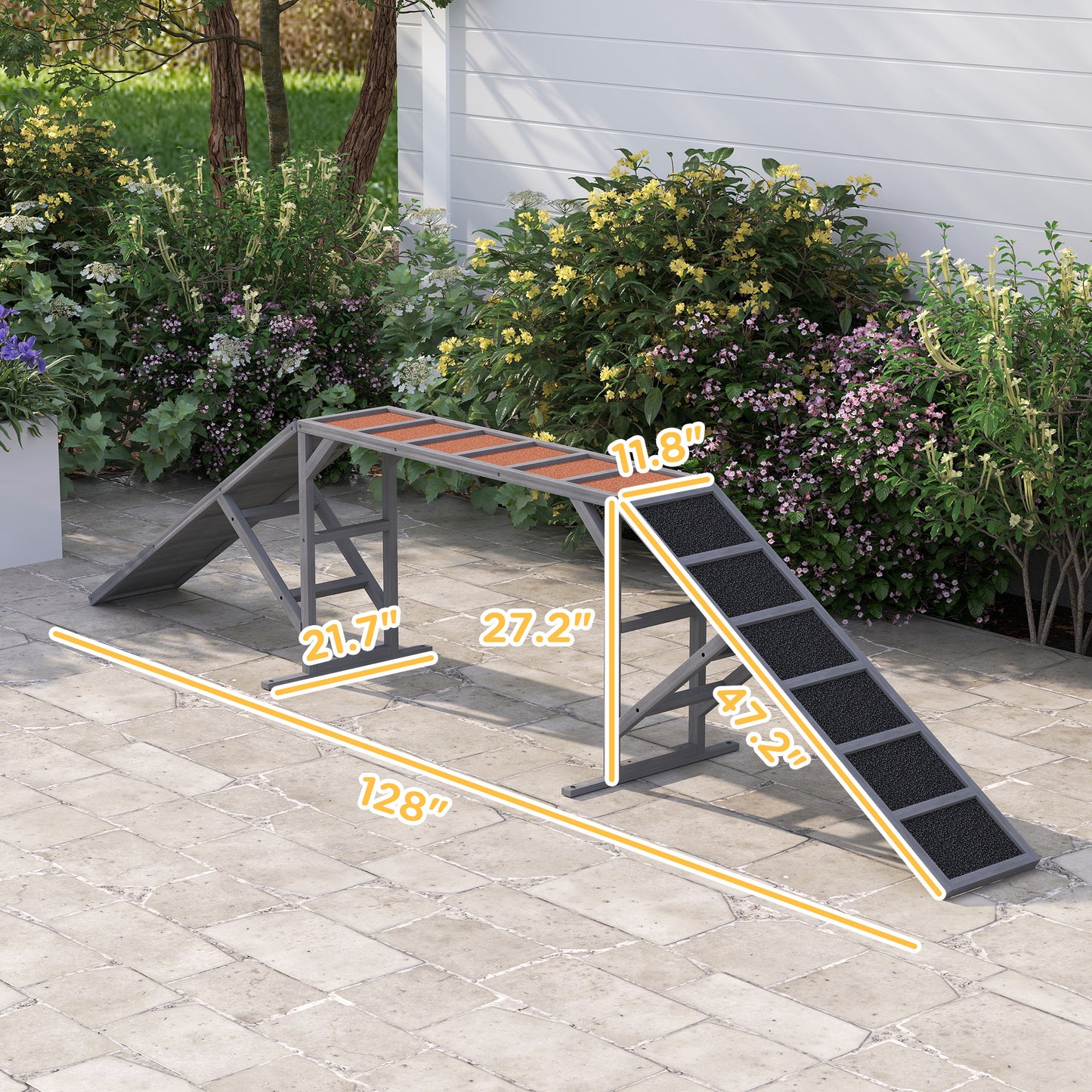 Dog Agility Equipment Ramp with Safety Bar, Non-slip Surface, for Walk and Pause Training, Gray