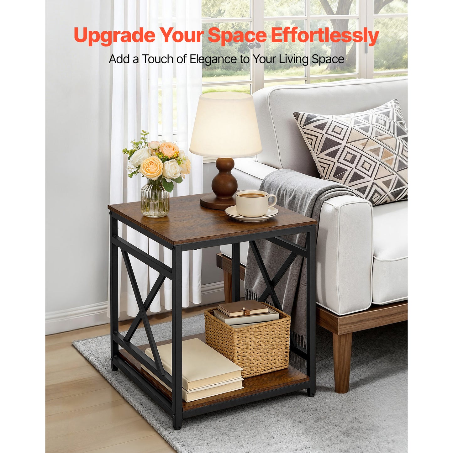 End Table, 2-Tier Square Side Table With Open Storage Shelves, Modern Nightstand Bedside Desk With X-Design Metal Frame, Wood Sofa Coffee Desk For Living Room, Bedroom, Office, Dorm, Brown