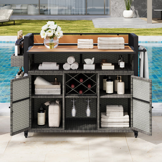K&K 52.8 W Wicker Outdoor Grill Cart With Extended Plastic Wood Table Top, Rolling Kitchen Island On Wheels With Storage Cabinet, For Patio Backyard Garden Poolside, Double Handle Design, Grey