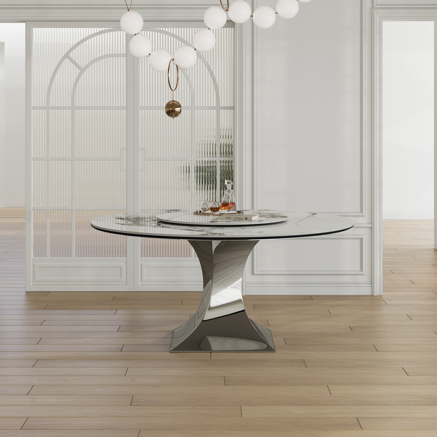59 Round Sintered Stone Dining Table Set With Stainless Steel Black Titanium Hourglass Base - Modern Luxury Marble-Look Kitchen Table For 4-6  Scratch & Heat Resistant Surface- Only Table