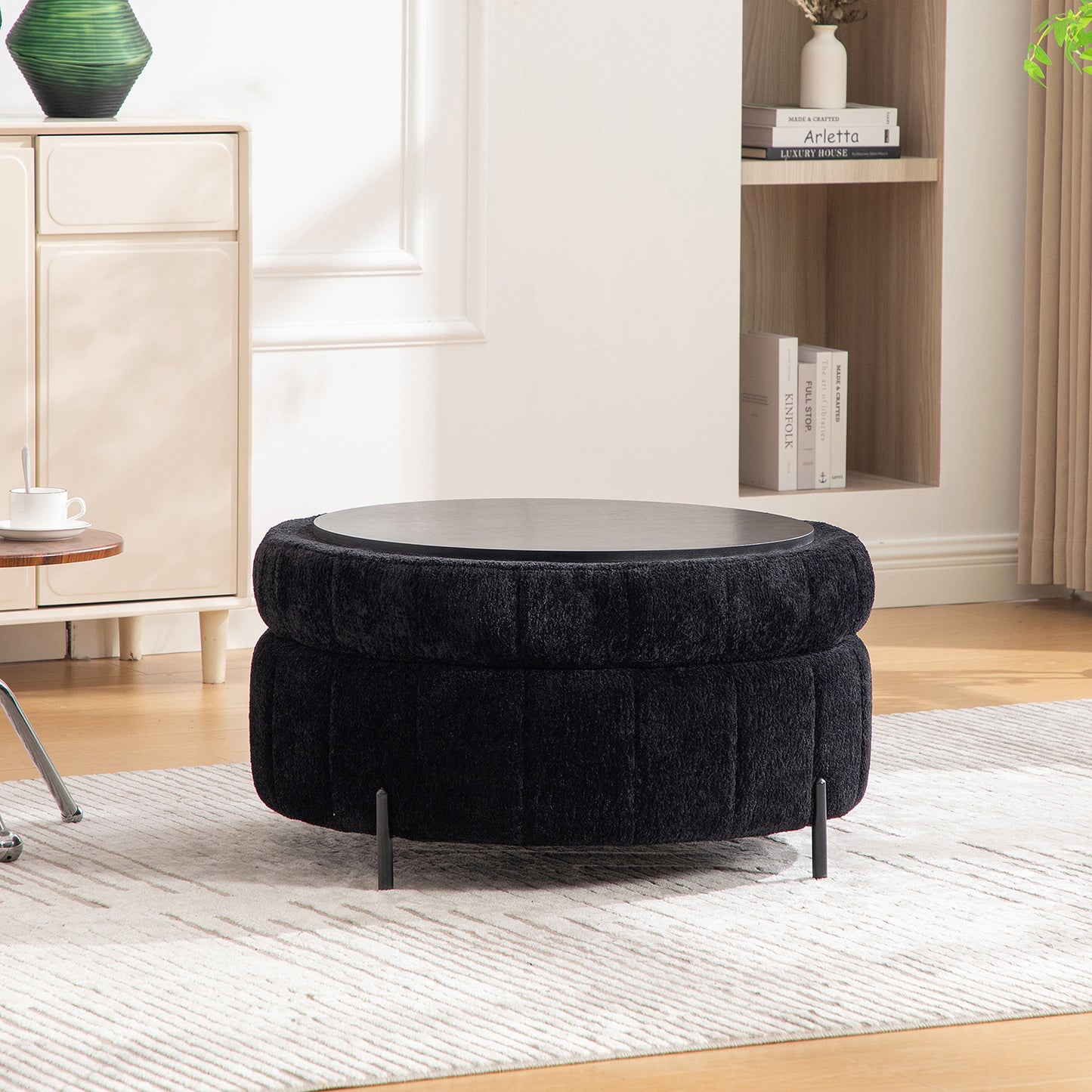 31.3 W Upholstered Round Ottoman With Reversible Lid, Chenille Storage Stool, Channel Tufted Pumpkin-shape Footstool For Living Room, Bedroom And Office, Black