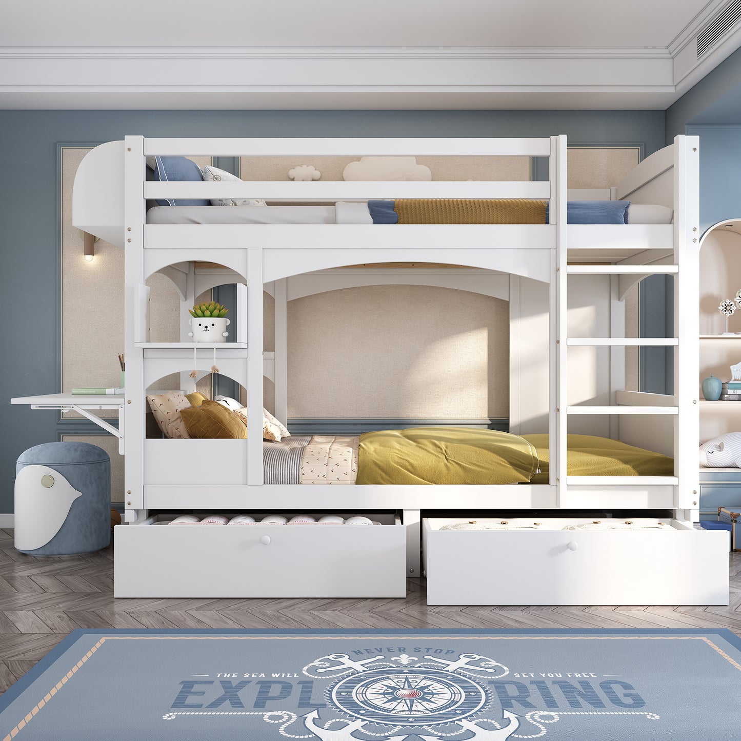 Children's Bunk Bed, Double Bed, Multifunctional Cot, With Foldable Desk And Shelf, With Ladder And 2 Drawers, Without Mattress, Solid Wood Slatted Frames, White, 90x200