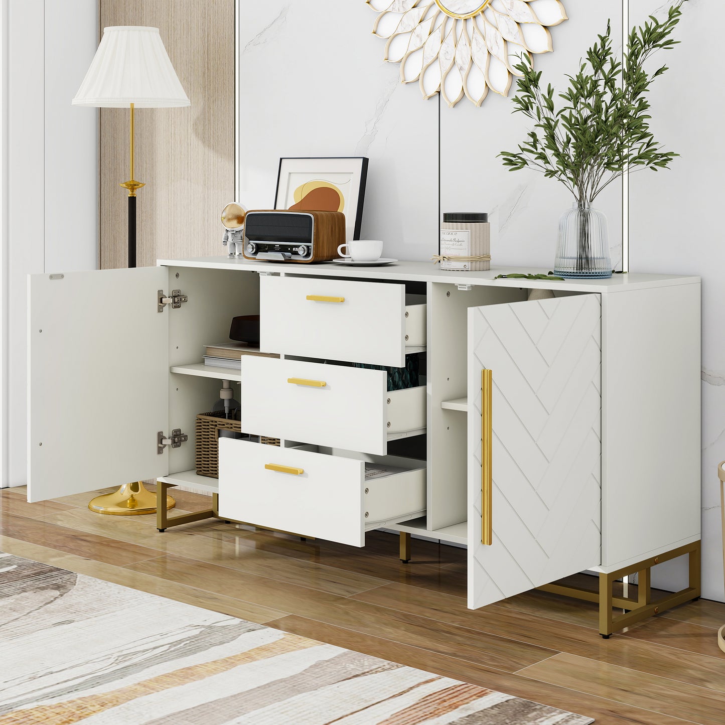 White Elegant Sideboard With Herringbone Pattern, With 2 Doors And 3 Drawers For Dining Room, Kitchen And Living Room  White