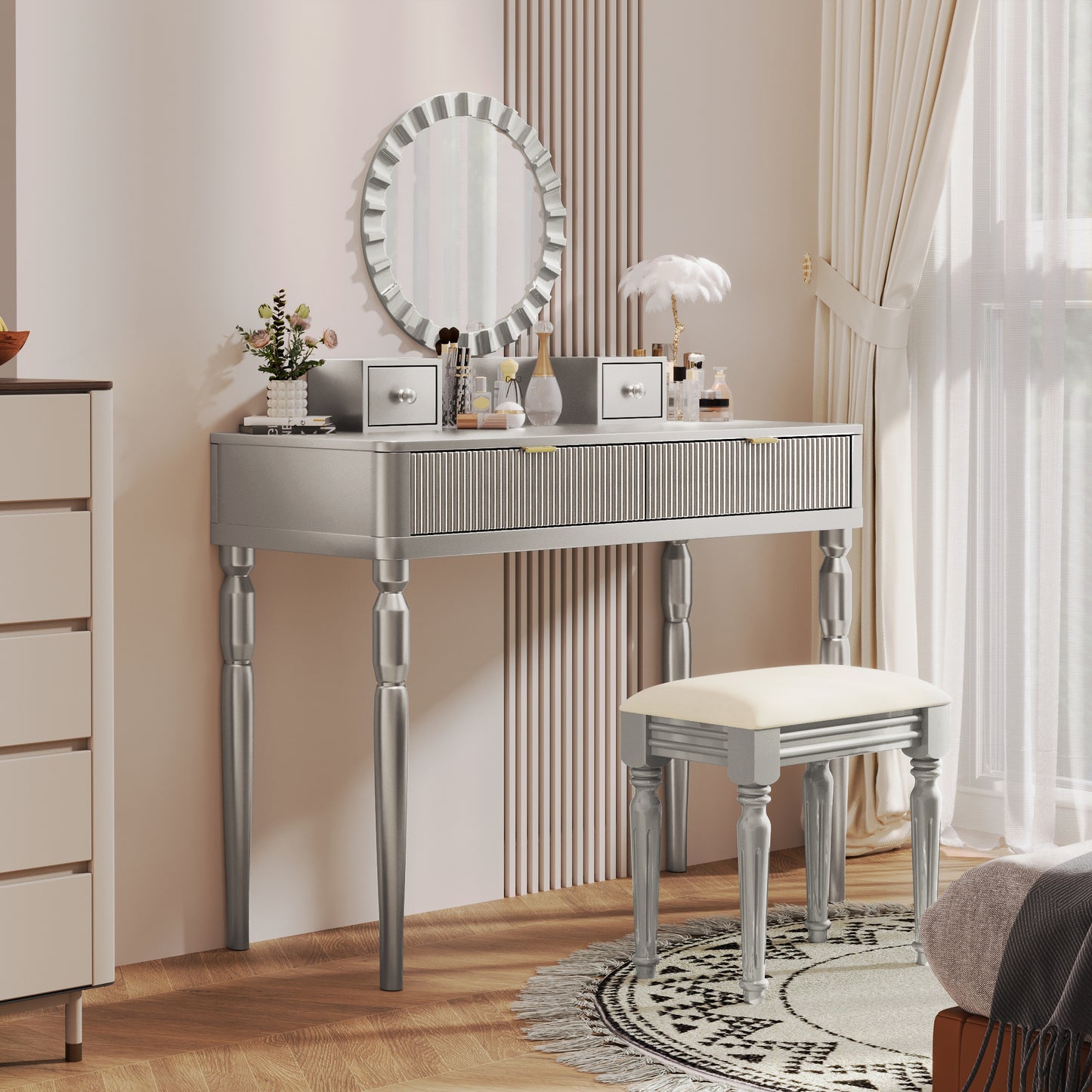 Luxury Vanity Desk With Round Mirror,Height-Adjustable, Stylish Dressing Table Set, 4 Drawers & Stool, Silver