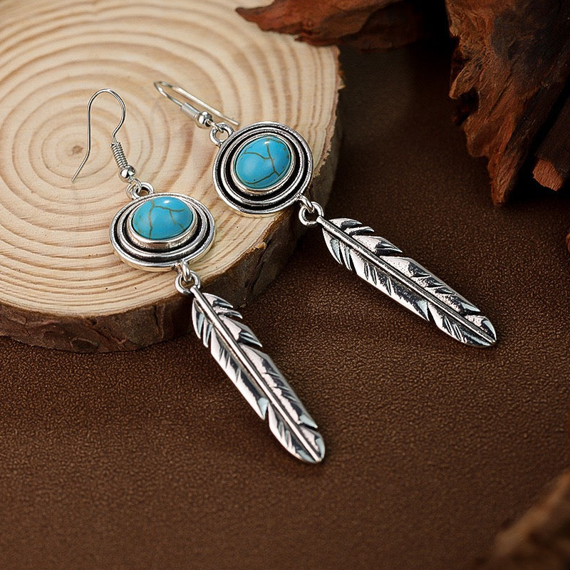 Ethnic Vintage Leaf Earrings For Women Faux Turquoise Teardrop Studs Bohemian Gift