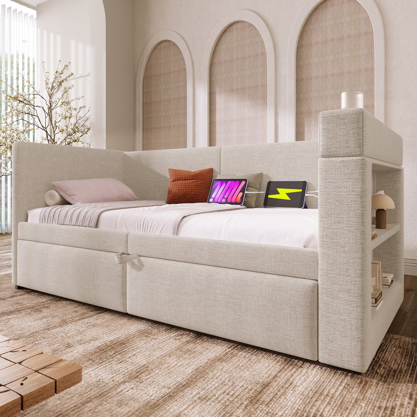 Upholstered Daybed 90x200 Cm, Single Bed Sofa Bed With Pull-out Bed, Armrests With USB & Type-C Charging Port And Cup Holder, Linen Blend, Beige, Without Mattress.