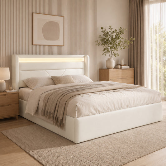 Hydraulic Storage Bed With LED Lighting Strip, Double Bed Bed Frame Upholstered Bed 140x200cm, Functional Bed, White  With Remote Control