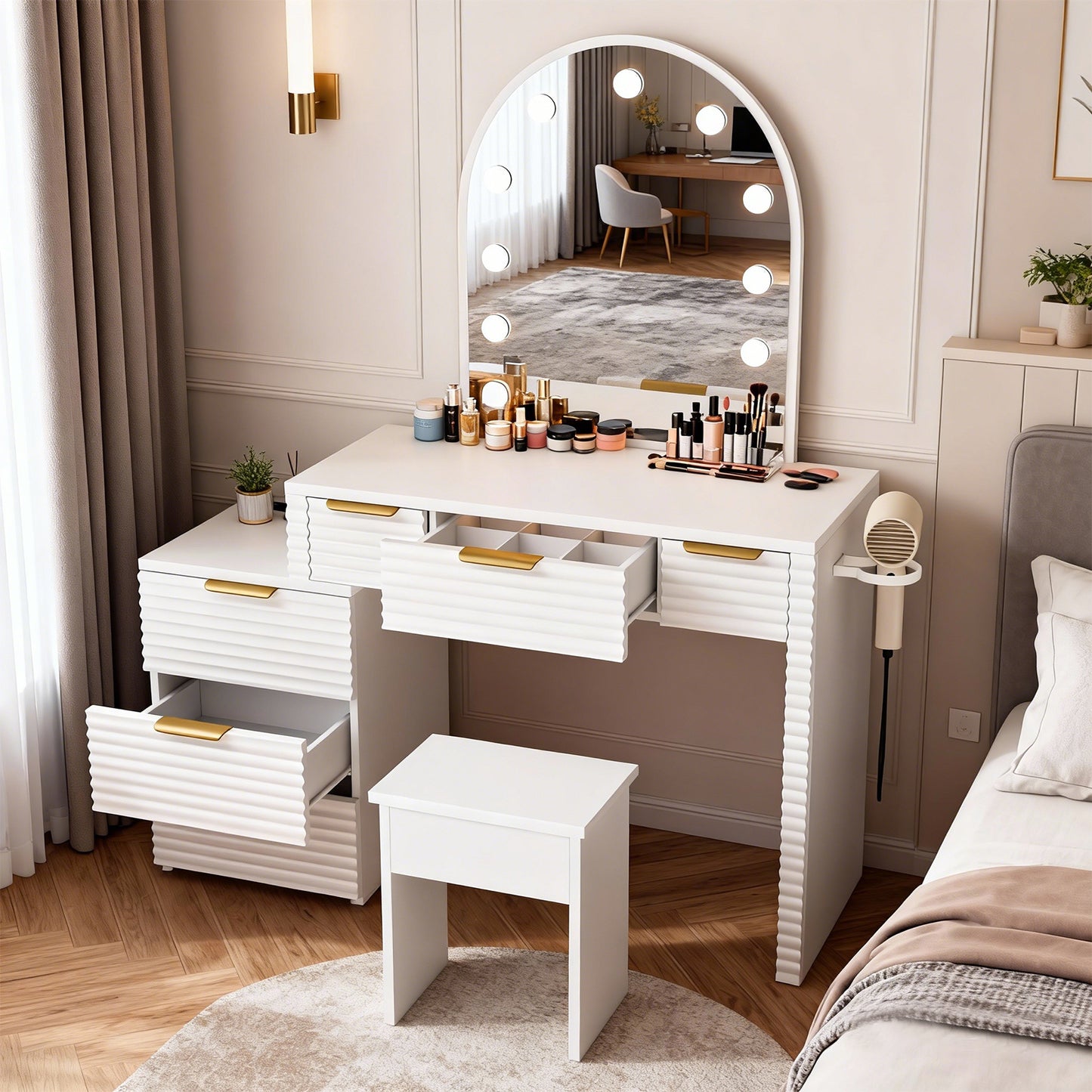 Makeup Vanity Desk With Mirror Lights Glass Tabletop 3 Lighting Modes Adjustable Vanity Table Modern Makeup Desk With Chair Power Outlet And 6 Drawers For Bedroom