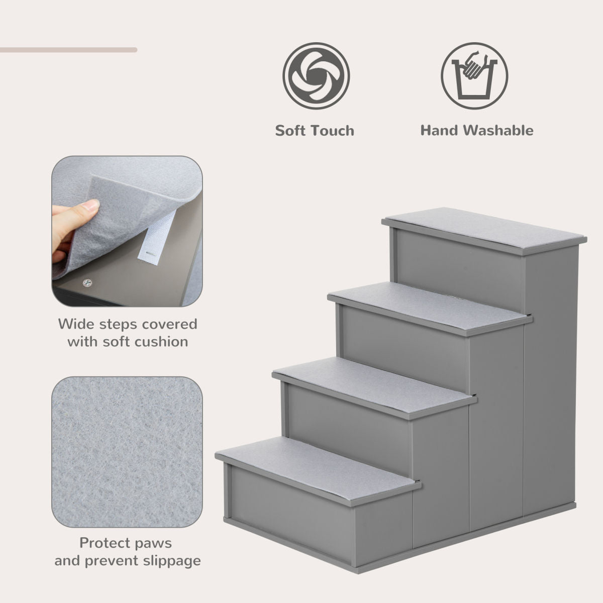 Pet Stairs, Small Dog Steps For Couch Bed With Cushioned Removable Covering, 15.75" X 23.25" X 21.25", Grey