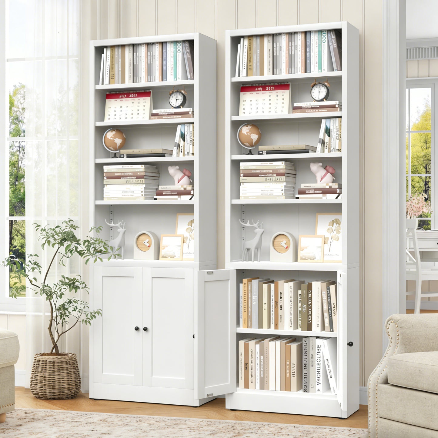 Metal Bookcase, 71 Inch Tall 5-Tier Bookshelf With Door, Industrial White Bookshelf With Adjustable Shelves, 9.2  Deep Storage Shelf For Living Room, Office, Library, Modern Home Furniture