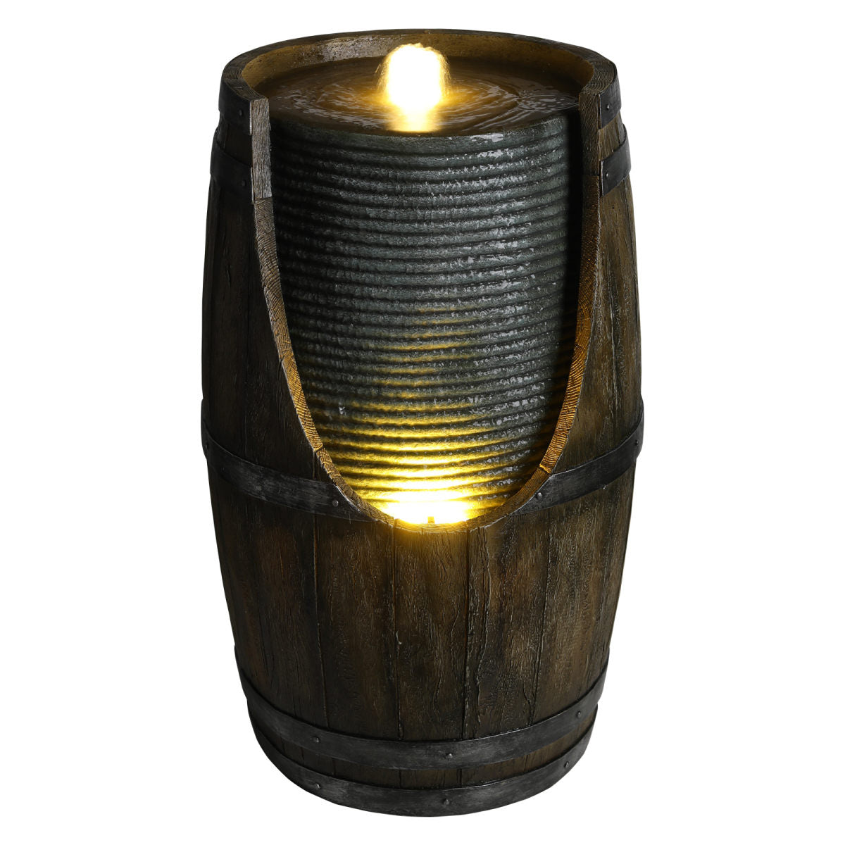 Outdoor Water Fountain With Bird Waterer, Rustic Barrel Garden Fountain With LED Lights And Pump, Faux Wood Resin Water Feature For Patio Backyard Porch Yard